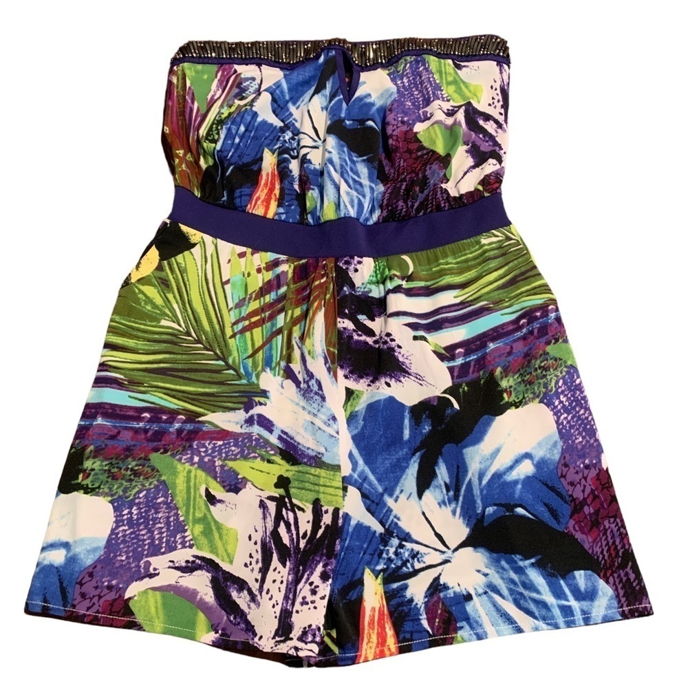 2B Bebe Bright Geometric Floral Strapless Short Romper Size XS NEW NWT